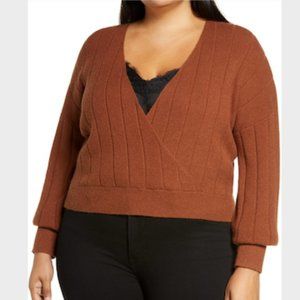 Leith Ribbed Faux Wrap Sweater Brown NWT 1X
